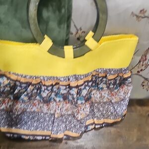 Yellow and Patterned Tote Bag with Green Handles